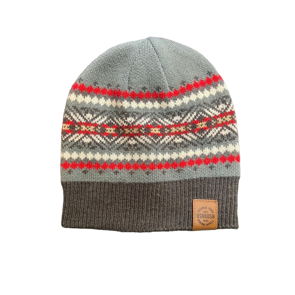 OshKosh Bgosh Kids Grey Red Fair Isle Knit Beanie Hat Size 4-7‎ OSH19734